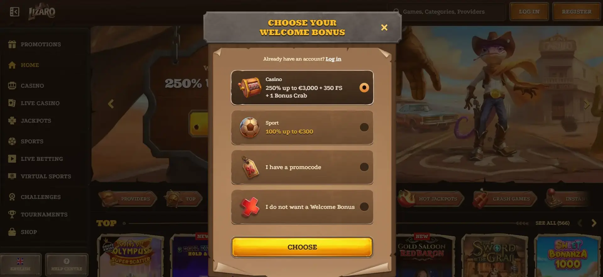 Lizaro welkomstbonus scherm